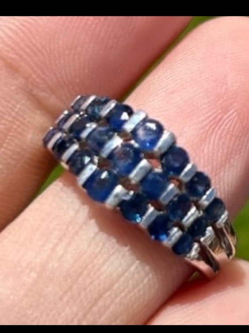 Sterling Silver Blue Sapphire cluster pave 3 rows ring size about 5.75